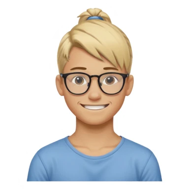 blond hair teen boy pony tail undercut with tattoo on his neck, wearing glasses, strong built, smile warmly  sticker