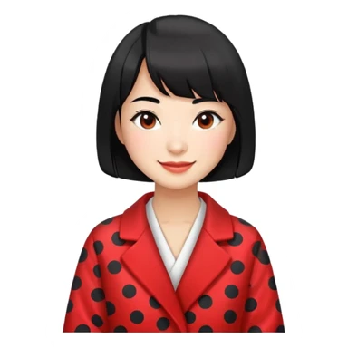 girl with black bob-cut hair, black and red dotted coat, Chinese appearance, smiling, masseuse look sticker