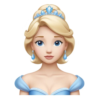 Cinematic Elegant Cinderella Portrait Emoji, rendered in a cinematic, vector-style with minimal shading and bold, simplified shapes. Depict Cinderella in her classic ball gown (chest and above) with fair, porcelain skin and elegantly styled blonde hair, her eyes soft and kind, and her expression serene and graceful. The design glows with a gentle, enchanting radiance and high shine, capturing the timeless beauty of a fairy tale princess. sticker