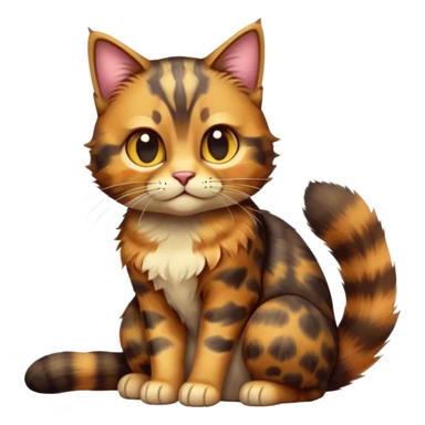 cinematic-[tortoiseshell tabby cat]-realistic-full-body-sitting-emoji,-tail-curled-playfully-around-its-paws,-head-tilted-dramatically,-scruffy-[tortoiseshell coloured]-fur,-simplified-yet-realistic-focused-features,-highly-detailed,-glowing-with-an-almost-sarcastic-glow sticker
