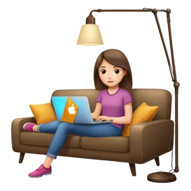 A girl is working with a laptop while lying on a sofa, with a floor lamp to the right. sticker