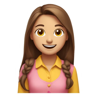 A happy animated girl with long brown hair and a yellow-collared shirt joyfully smiles alongside a cheerful emoji on a pink background. sticker