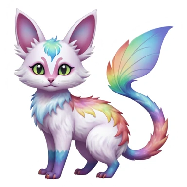 Pure-snow-White albino iridescent with pastel rainbow-gradients-color-markings with swirly patterns butterflies  faerie-Noivern-Noibat-Purloin-Torracat-Lykoi-Caracal-cat-Fakemon-fusion-hybrid-creature sticker