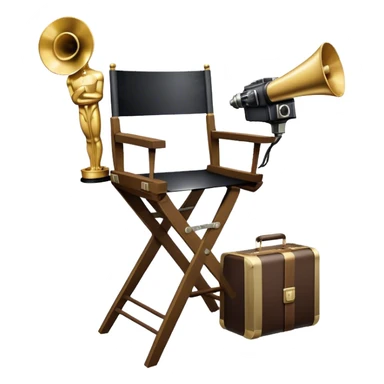 Professional icon for Directing: a collage featuring a director's chair, a film camera, a megaphone and an Oscar trophy. The icon should represent the craft and creativity of film directing, with emphasis on leadership and cinematic artistry. Transparent background. sticker