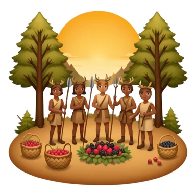 A simple, flat-style illustration of a small group of people with spears and baskets, gathering berries and hunting a deer, surrounded by trees and a sunset—emoji aesthetic, warm earth tones. sticker