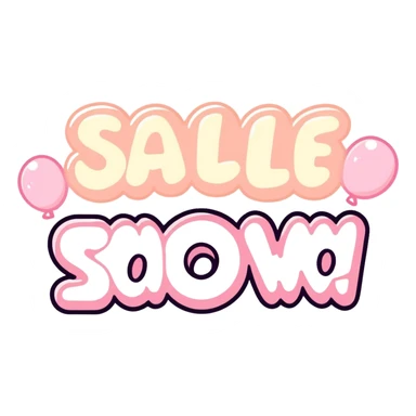 kawaii hand-drawn typography saying 'Sale Now!' with pastel pink and cream gradient bubble lettering, soft white outline, cute sparkles around the text, transparent background sticker