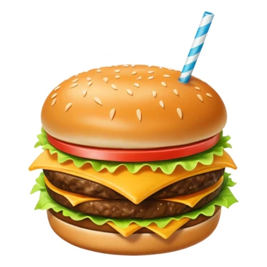 i want a Cheeseburger and Fries with a angle to 15–20° gentle bird’s-eye angle with a cold drink with ice cube with straw with some fries thicker like McDonald's french fries sticker