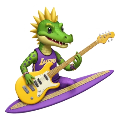 Crocodile with a Mohawk, wearing a Lakers jersey while playing the guitar while surfing  sticker