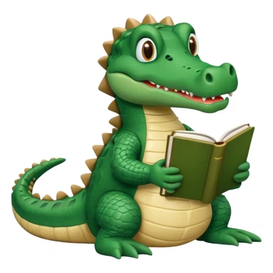 A claymation-style academic alligator with a book. The background is a solid white circle sticker