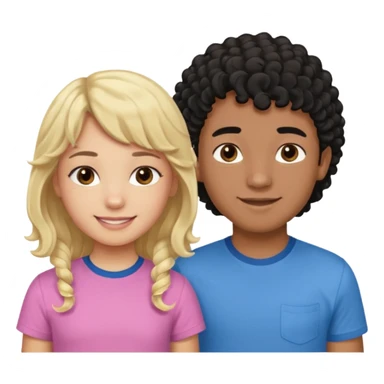 Menino de pele morena de olho castanho meio preto e cabelo cacheados ralo e blusa azul e menina loira de cabelos longos e franja na testa sorrindo com blusa rosa sticker