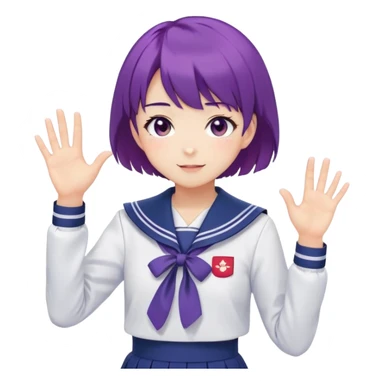 Anime girl with short bright purple hair wearing Japanese sailor style school uniform, composed posture with hand on hip but shyly waving with other hand, blushing face and timid smile sticker