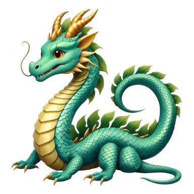  serpent dragon. Slim, serpentine body with smooth scales in soft blues and greens. Fluffy leaf plumes replace the tail fins, and a terracotta crown-like crest adorns its head. Gentle amber eyes. sticker