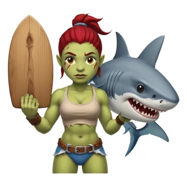 orc female holds a board with a shark painted vertically in his hands sticker