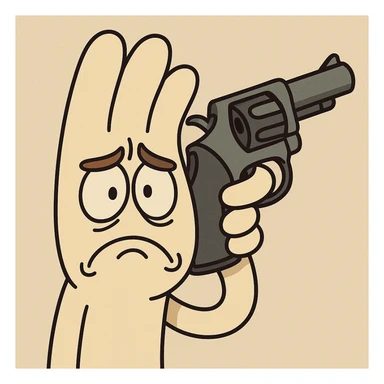 cartoon hand holding a gun to its own head, expressive, no blood, simple background sticker