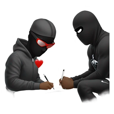 give me a song picture for make it a black cartoon character in a balaclava and a nike tracksuit and jordans with black sunglasses with a broken heart writing a letter while looking down on a whitewoman with black hair sticker