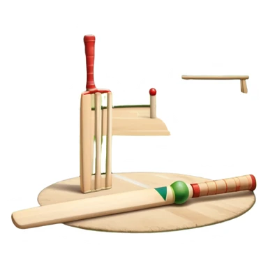 A cricket bat and ball resting on a well-manicured pitch, with the stumps and bails in the background. The scene emphasizes the traditional elements of the game, with the bat poised for a shot and the field reflecting a calm, competitive atmosphere. sticker
