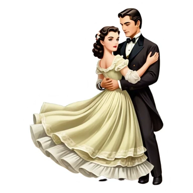Icon for Romance Movie: A vintage movie poster-style design inspired by Gone with the Wind. Include romantic, sweeping imagery like Scarlett O'Hara in a flowing dress, Rhett Butler, a plantation backdrop, and fluttering wind-blown fabric. Soft, nostalgic cinematic feel. Transparent background. sticker