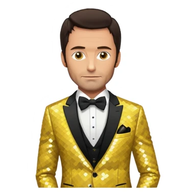 Hugh Jackman with dark brown hair, yellow sequin suit with bow tie sticker