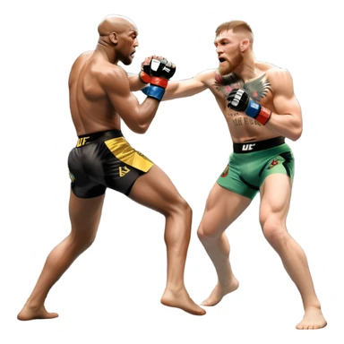 An MMA showdown between Conor McGregor and Anderson Silva in the octagon. McGregor is executing a jumping strike, while Silva skillfully deflects the attack. The background shows the UFC octagon with roaring fans and vibrant energy. Transparent background. sticker