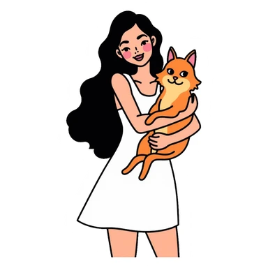 beautiful girl with long black hair wearing a white dress holding an Abyssinian cat with reddish-brown fur in her arms sticker