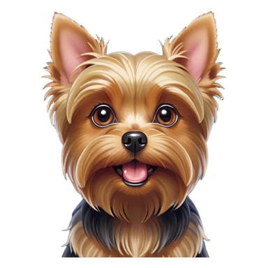 Cinematic Comical Yorkshire Terrier Portrait Emoji, Head tilted dramatically with an exaggeratedly surprised, comical expression and wide, expressive eyes, featuring a perky, well-groomed fur in rich hues, simplified yet hilariously detailed, glowing with a bold, sassy radiance, high shine, exuding playful mischief and cheeky terrier attitude, styled with a soft glowing outline, capturing the essence of a Yorkshire Terrier that appears ready to comically dash out of the frame! sticker