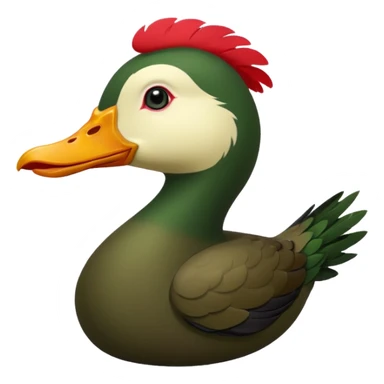 Muscovy Duck, simple emoji style, side view, greenish-black feathers, red face, yellow beak sticker