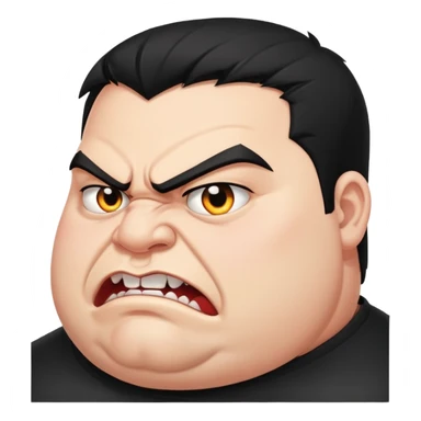 young angry fat man in profile view with black hair, fangs, crossed eyes sticker