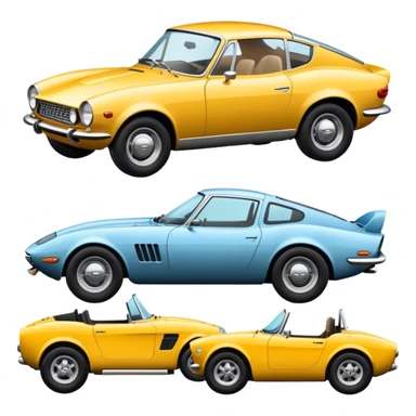 Collage emoji symbolizing a passion for cars: a sleek sports car, a vintage classic car, and an off-road SUV. The background features a cozy garage with tools, car posters, and warm lighting, emphasizing a home hobby atmosphere. Transparent background. sticker