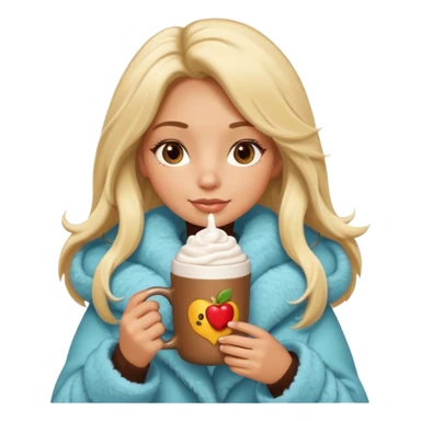 Tanned Girl with lashes , blonde hair, in an extremely big fluffy oversized coat and hold hot chocolate drink and more look like apple emoji face sticker