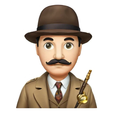 A colorful collage featuring Detective Poirot Detective Poirot with a long curling moustache, with a magnifying glass, revolver and a mysterious city backdrop. Include a board with photos of suspects, fingerprints, and a crime scene. Retro movie poster style. Transparent background. sticker