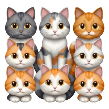 6 realistic looking cats with different natural coloured coats, assorted grey and white, greys, calico, brown and white colours etc
 sticker