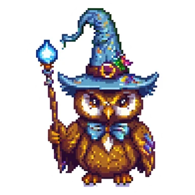 pixel art owl with a wizard hat and magic wand sticker