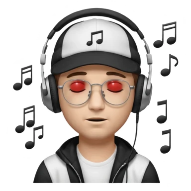 dj man white with baseball cap - rayban glasses - brown hair - closed eyes with headphones on with musical note over head (listening to music ) - eyes closed no glasses - black hat  musical notes floating around head sticker