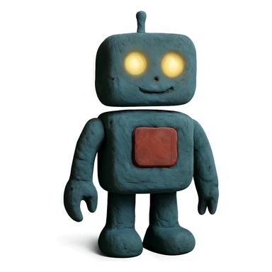 claymation style AI robot with friendly face, glowing eyes, slightly spooky sticker