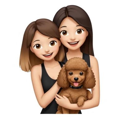 a asian girl with long straight balayage hair, long lashes, laughing, wearing black halterneck top, and holding a brown poodle sticker