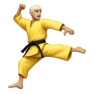 a karate man doing a flying kick mid-air, yellow skin sticker