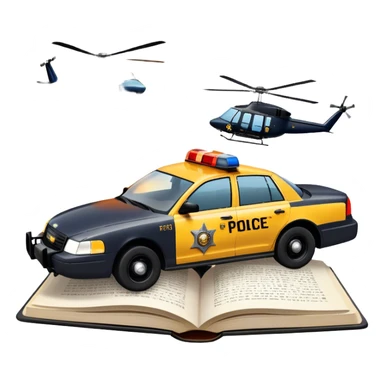 Icon for Action & Crime Reading: an open book with text, from which a police car is driving out along the pages, with explosions behind, a helicopter flying overhead, and a pistol with ammo and grenades in front. Transparent background. sticker