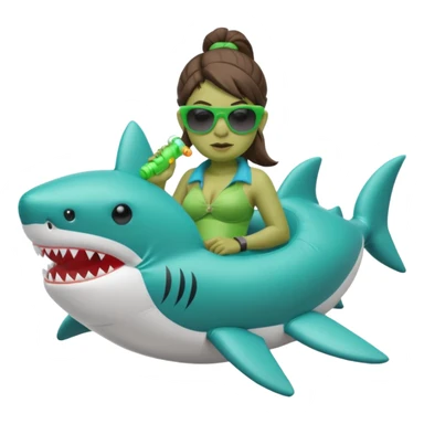 orc female sitting in an inflatable floatie shaped like a shark, wearing oversized sunglasses and a whistle on a neck cord sticker