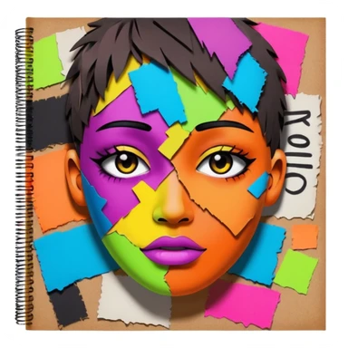 Colourful dark neon graffiti scribble scrapbook patchwork Person face portrait made entirely of multicoloured torn up magazines sticker