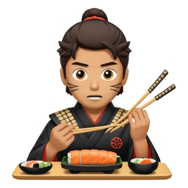 Man with wide eyes eating sushi in a samurai outfit sticker