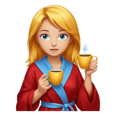 lightly tanned skin, blue eyes, cute and sexy girl with bright yellow-brown hair in a few shades of red robe, golden rings, slight cute makeup, full body, slightly turned aside pose, holding a coffee mug sticker