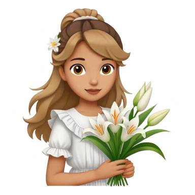  A girl with a half-up half-down hairstyle, and a white ruffled top, enjoying the spring breeze.Holding a bundle of lily sticker