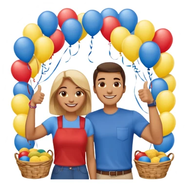party table decorated with red blue and yellow colors, including a backdrops, balloons arch, streamers and more. On the table are intricate displays of colombian arepas, and baskets of money. In the forefront is a woman and man in simple clothing, big smiles and big thumbs up sticker