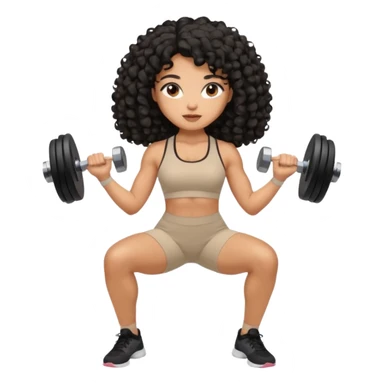 Mixed-race woman with caramel skin, black curly hair, wearing beige activewear, doing light dumbbell curls sticker