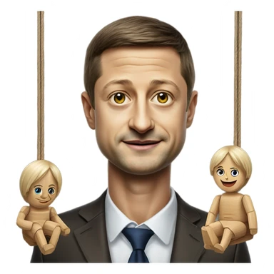 Hyper realistic Vladimir Zelensky pulls the strings of a wooden doll sticker