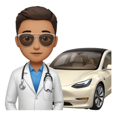 White tesla model 3 with a cool physician with sunglasses next to it sticker