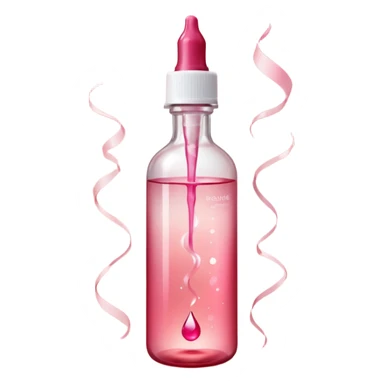 Translucent reddish-pink dropper bottle with white cap and minimal label, glowing softly. Floating in a faint red aura with swirling light ribbons and tiny peeling sparks lifting upward. by shimmer flakes, symbolizing cell renewal. Feels like a silky exfoliation elixir sealed in a potion vial  sticker