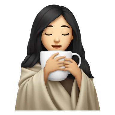 Asian girl inside a blanket sipping coffee eyes closed black hair sticker