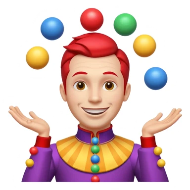 circus juggler portrait, head and shoulders only, colorful outfit collar, playful grin, juggling balls visible near shoulders, 3D cartoon, mobile game icon style, clean background, no text, no watermark
 sticker