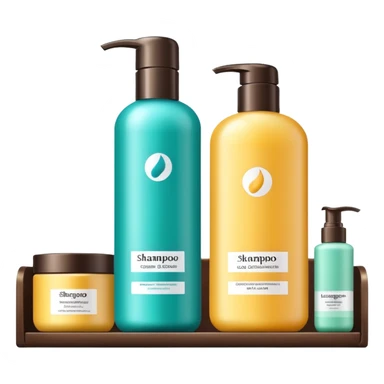 Shampoo bottle, color tube, and conditioner standing on a shelf, products are luxury brand-labeled sticker